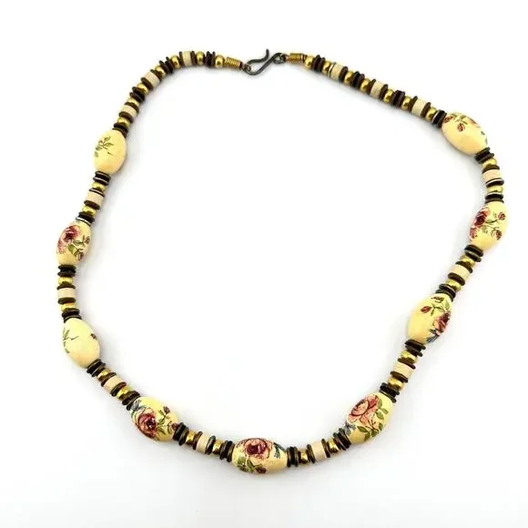 Vintage Glass Rose Transfer Gold Tone Beaded Romantic Sweet 20” Necklace - Picture 3 of 6